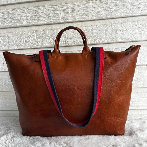 CLARE V. Simple British Tan Cognac XL Stripe Leather Tote Shoulder Bag Monogram - Picture 1 of 12